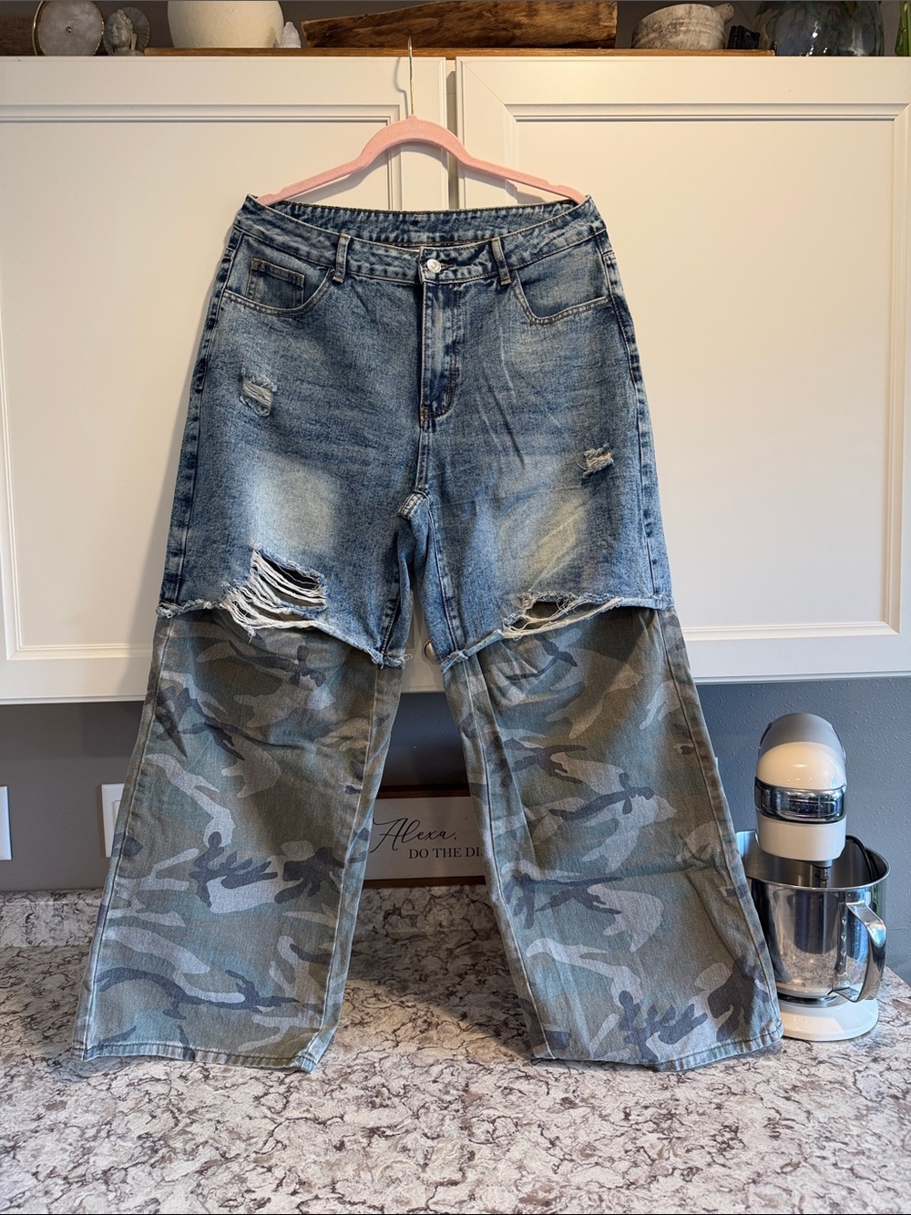 Distressed Two-Tone Men’s Jeans - Blue Denim with Green Camo